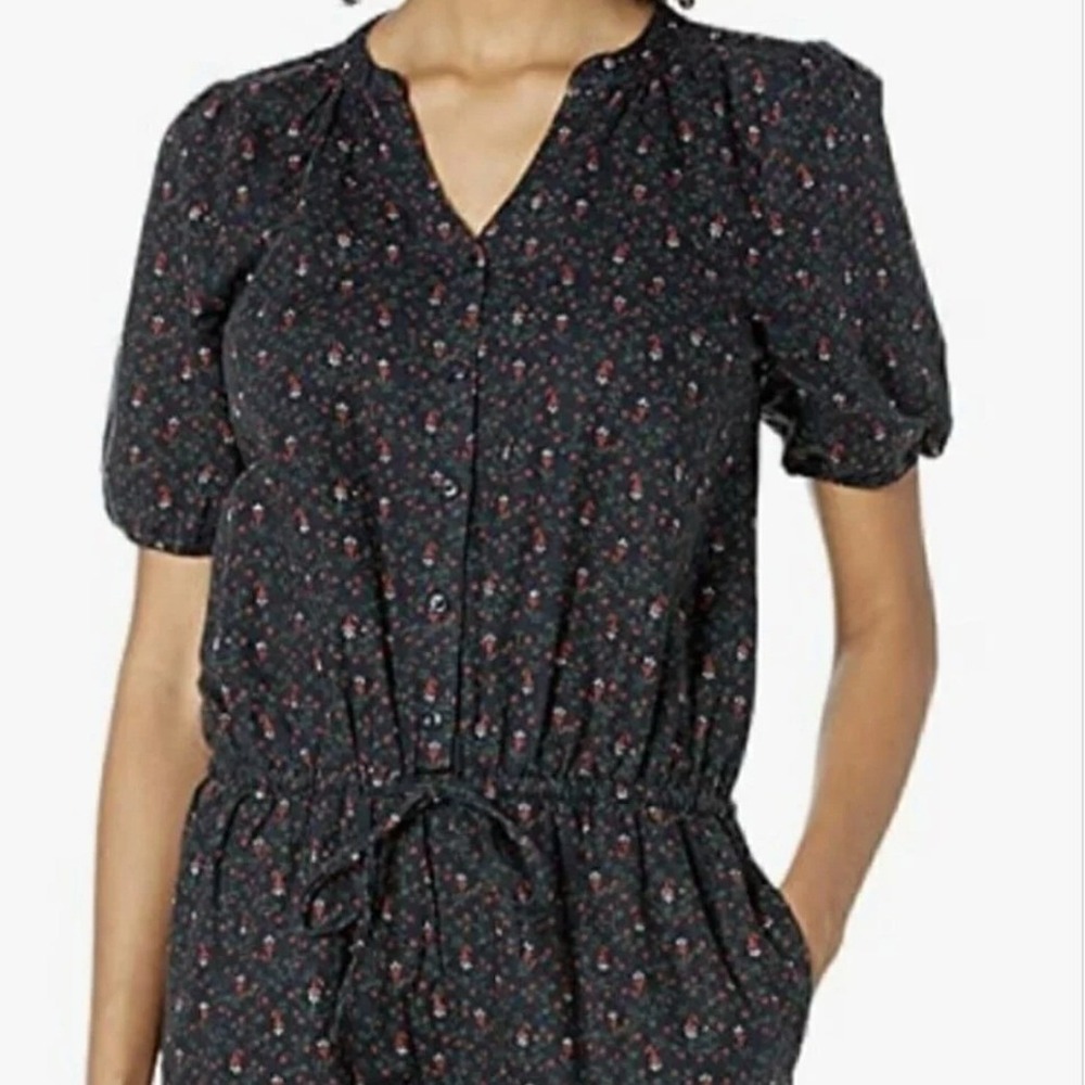 Goodthreads Linen Cotton Blend Navy Ditsy Floral Drawstring Waist Jumpsuit SZ 4